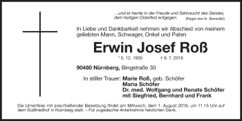 Traueranzeige von Erwin Josef Roß von Gesamtausgabe Nürnberger Nachrichten/ Nürnberger Ztg.