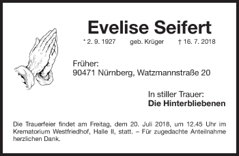 Traueranzeige von Evelise Seifert von Gesamtausgabe Nürnberger Nachrichten/ Nürnberger Ztg.