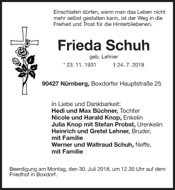 Traueranzeige von Frieda Schuh von Gesamtausgabe Nürnberger Nachrichten/ Nürnberger Ztg./ Fürther Nachrichten