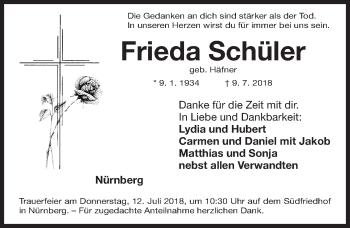 Traueranzeige von Frieda Schüler von Gesamtausgabe Nürnberger Nachrichten/ Nürnberger Ztg.