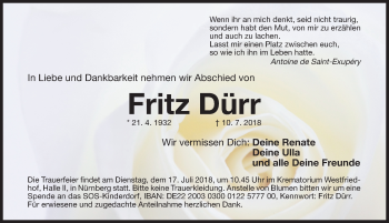 Traueranzeige von Fritz Dürr von Gesamtausgabe Nürnberger Nachrichten/ Nürnberger Ztg.