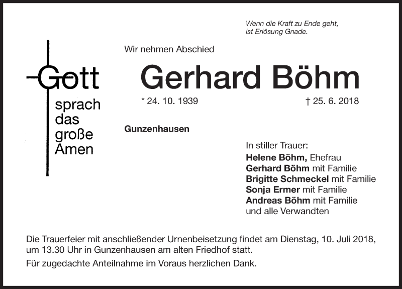  Traueranzeige für Gerhard Böhm vom 07.07.2018 aus Altmühl-Bote Lokal