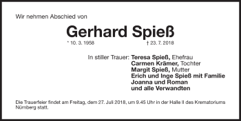 Traueranzeige von Gerhard Spieß von Nordbayerische Nachrichten Herzogenaurach Lokal