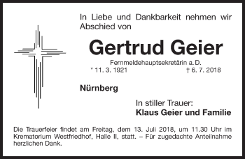 Traueranzeige von Gertrud Geier von Gesamtausgabe Nürnberger Nachrichten/ Nürnberger Ztg.