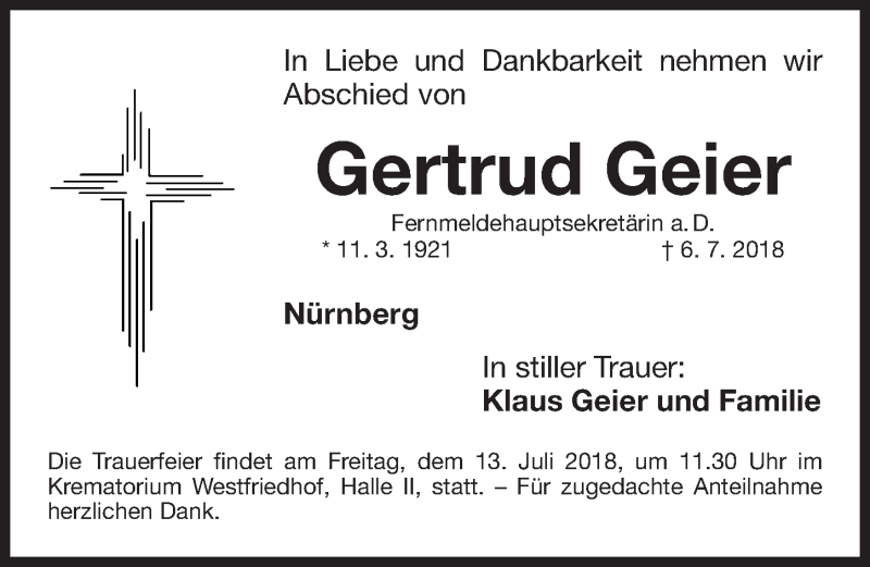  Traueranzeige für Gertrud Geier vom 11.07.2018 aus Gesamtausgabe Nürnberger Nachrichten/ Nürnberger Ztg.