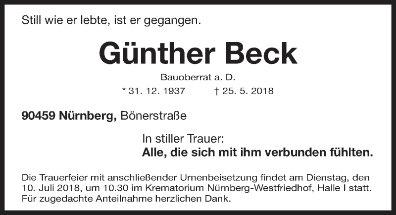  Traueranzeige für Günther Beck vom 07.07.2018 aus Gesamtausgabe Nürnberger Nachrichten/ Nürnberger Ztg.
