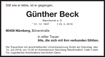 Traueranzeige von Günther Beck von Gesamtausgabe Nürnberger Nachrichten/ Nürnberger Ztg.