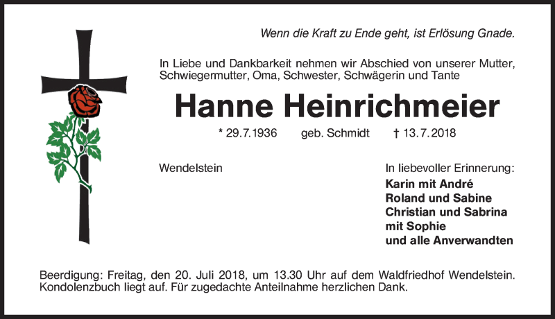  Traueranzeige für Hanne Heinrichmeier vom 18.07.2018 aus Schwabach