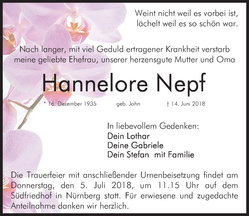 Traueranzeige für Hannelore Nepf vom 02.07.2018 aus Gesamtausgabe Nürnberger Nachrichten/ Nürnberger Ztg.