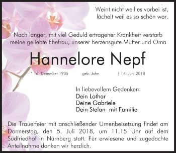 Traueranzeige von Hannelore Nepf von Gesamtausgabe Nürnberger Nachrichten/ Nürnberger Ztg.