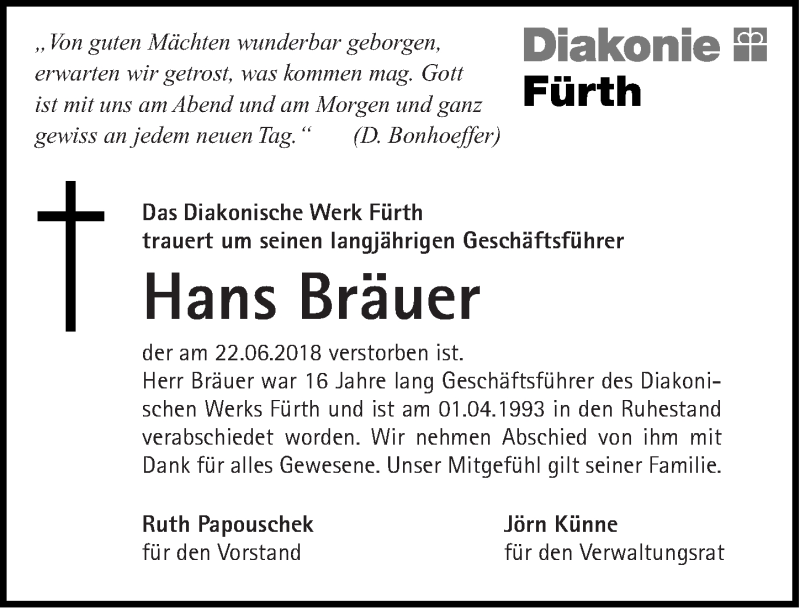  Traueranzeige für Hans Bräuer vom 11.07.2018 aus Fürther Nachrichten Lokal