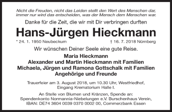 Traueranzeige von Hans-Jürgen Hieckmann von Gesamtausgabe Nürnberger Nachrichten/ Nürnberger Ztg.