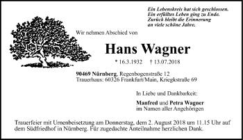 Traueranzeige von Hans Wagner von Gesamtausgabe Nürnberger Nachrichten/ Nürnberger Ztg.