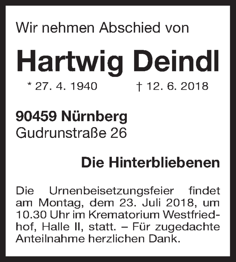  Traueranzeige für Hartwig Deindl vom 18.07.2018 aus Gesamtausgabe Nürnberger Nachrichten/ Nürnberger Ztg.