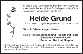 Traueranzeige von Heide Grund von Gesamtausgabe Nürnberger Nachrichten/ Nürnberger Ztg.
