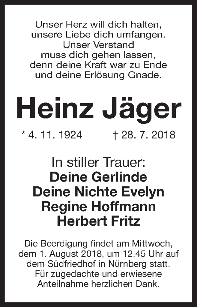  Traueranzeige für Heinz Jäger vom 30.07.2018 aus Gesamtausgabe Nürnberger Nachrichten/ Nürnberger Ztg.