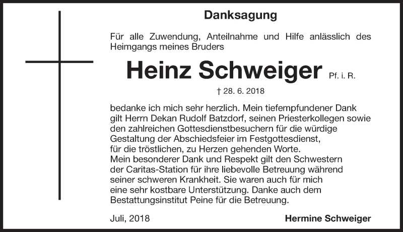  Traueranzeige für Heinz Schweiger vom 07.07.2018 aus Gesamtausgabe Nürnberger Nachrichten/ Nürnberger Ztg.