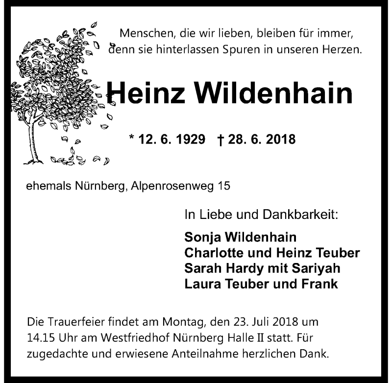  Traueranzeige für Heinz Wildenhain vom 20.07.2018 aus Gesamtausgabe Nürnberger Nachrichten/ Nürnberger Ztg.
