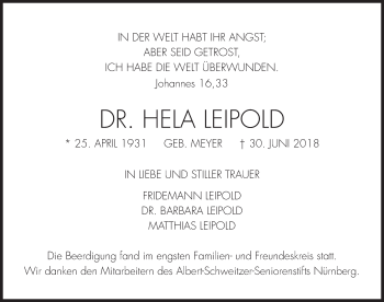 Traueranzeige von Hela Leipold von Gesamtausgabe Nürnberger Nachrichten/ Nürnberger Ztg.