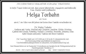 Traueranzeige von Helga Torbahn von Gesamtausgabe Nürnberger Nachrichten/ Nürnberger Ztg.