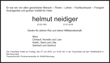 Traueranzeige von Helmut Neidiger von Gesamtausgabe Nürnberger Nachrichten/ Nürnberger Ztg.