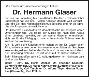 Traueranzeige von Hermann Glaser von Gesamtausgabe Nürnberger Nachrichten/ Nürnberger Ztg.