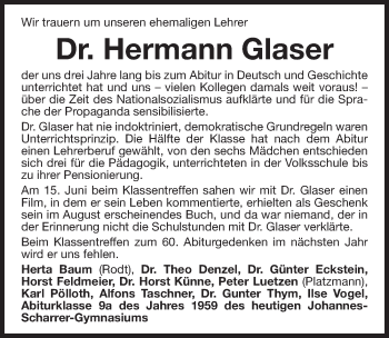 Traueranzeige von Hermann Glaser von Gesamtausgabe Nürnberger Nachrichten/ Nürnberger Ztg.