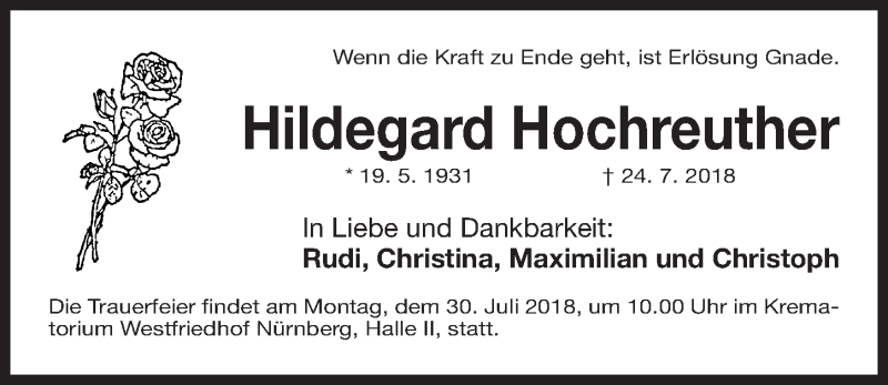  Traueranzeige für Hildegard Hochreuther vom 28.07.2018 aus Gesamtausgabe Nürnberger Nachrichten/ Nürnberger Ztg.