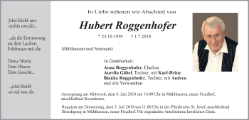 Traueranzeige von Hubert Roggenhofer von Neumarkter Nachrichten Lokal