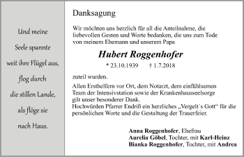 Traueranzeige von Hubert Roggenhofer von Neumarkter Nachrichten Lokal