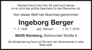 Traueranzeige von Ingeborg Berger von Gesamtausgabe Nürnberger Nachrichten/ Nürnberger Ztg.