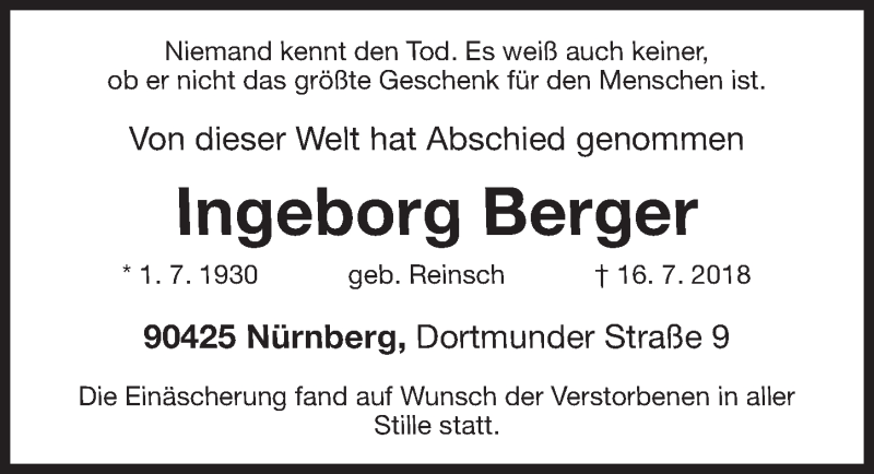  Traueranzeige für Ingeborg Berger vom 21.07.2018 aus Gesamtausgabe Nürnberger Nachrichten/ Nürnberger Ztg.
