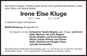 Traueranzeige von Irene Else Kluge von Gesamtausgabe Nürnberger Nachrichten/ Nürnberger Ztg.