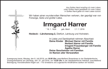 Traueranzeige von Irmgard Harrer von Roth-Hilpoltsteiner Volkszeitung Lokal