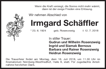 Traueranzeige von Irmgard Schäffler von Gesamtausgabe Nürnberger Nachrichten/ Nürnberger Ztg.