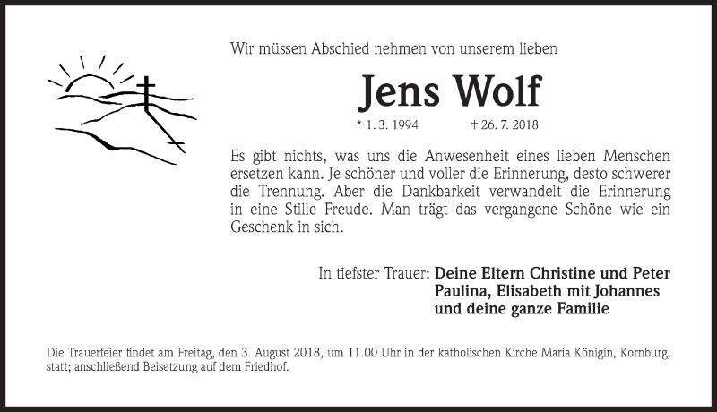  Traueranzeige für Jens Wolf vom 01.08.2018 aus Gesamtausgabe Nürnberger Nachrichten/ Nürnberger Ztg.