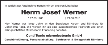 Traueranzeige von Josef Werner von Gesamtausgabe Nürnberger Nachrichten/ Nürnberger Ztg.