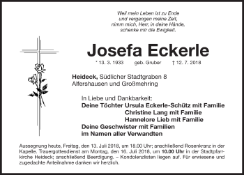 Traueranzeige von Josefa Eckerle von Roth-Hilpoltsteiner Volkszeitung Lokal