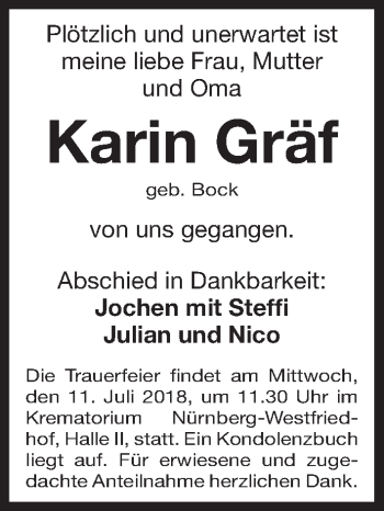 Traueranzeige von Karin Gräf von Gesamtausgabe Nürnberger Nachrichten/ Nürnberger Ztg.