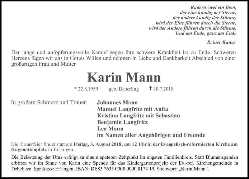  Traueranzeige für Karin Mann vom 01.08.2018 aus Erlanger Nachrichten Lokal