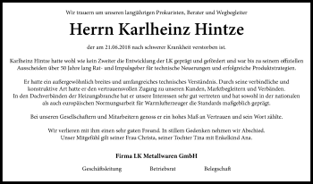 Traueranzeige von Karlheinz Hintze von Schwabach