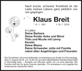 Traueranzeige von Klaus Breit von Gesamtausgabe Nürnberger Nachrichten/ Nürnberger Ztg.