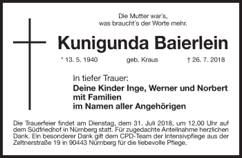 Traueranzeige von Kunigunda Baierlein von Gesamtausgabe Nürnberger Nachrichten/ Nürnberger Ztg.