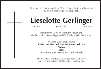 Traueranzeige von Lieselotte Gerlinger von Gesamtausgabe Nürnberger Nachrichten/ Nürnberger Ztg.