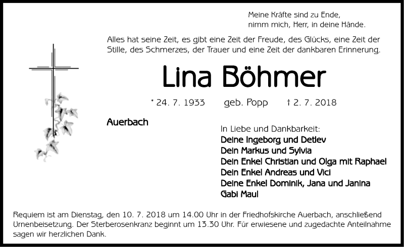  Traueranzeige für Lina Böhmer vom 07.07.2018 aus Nordbayerische Nachrichten Pegnitz Lokal