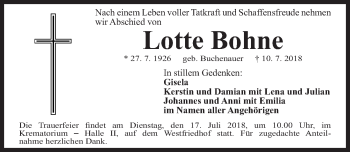 Traueranzeige von Lotte Bohne von Gesamtausgabe Nürnberger Nachrichten/ Nürnberger Ztg.