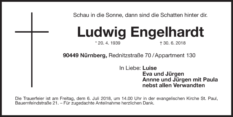  Traueranzeige für Ludwig Engelhardt vom 04.07.2018 aus Gesamtausgabe Nürnberger Nachrichten/ Nürnberger Ztg.