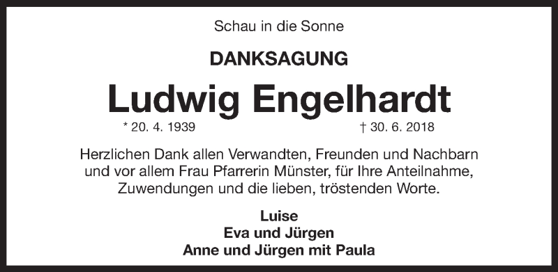  Traueranzeige für Ludwig Engelhardt vom 14.07.2018 aus Gesamtausgabe Nürnberger Nachrichten/ Nürnberger Ztg.