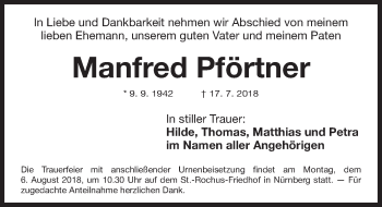 Traueranzeige von Manfred Pförtner von Gesamtausgabe Nürnberger Nachrichten/ Nürnberger Ztg.