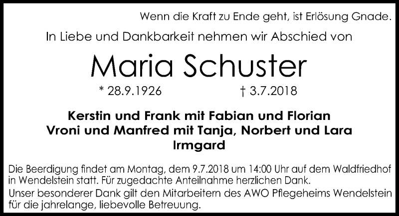  Traueranzeige für Maria Schuster vom 06.07.2018 aus Schwabach